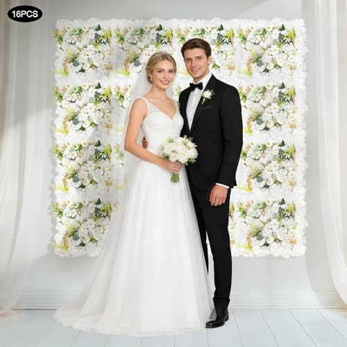 Flower Wall Backdrop, 14x14 Inch Artificial Flower Wall Panels, Peony Dahlia Wall Flowers Wall Decor for Photo Background Home Party Wedding Backdrop Decoration (White) - color: White