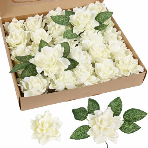 IPOPU Artificial Gardenia Flowers 25PCS 3.15’’ Ivory Artificial Foam Roses Bulk Fake Flower Heads with Stems for DIY Wedding Bouquets Party Home Centerpieces Decor(Ivory) - color: Ivory