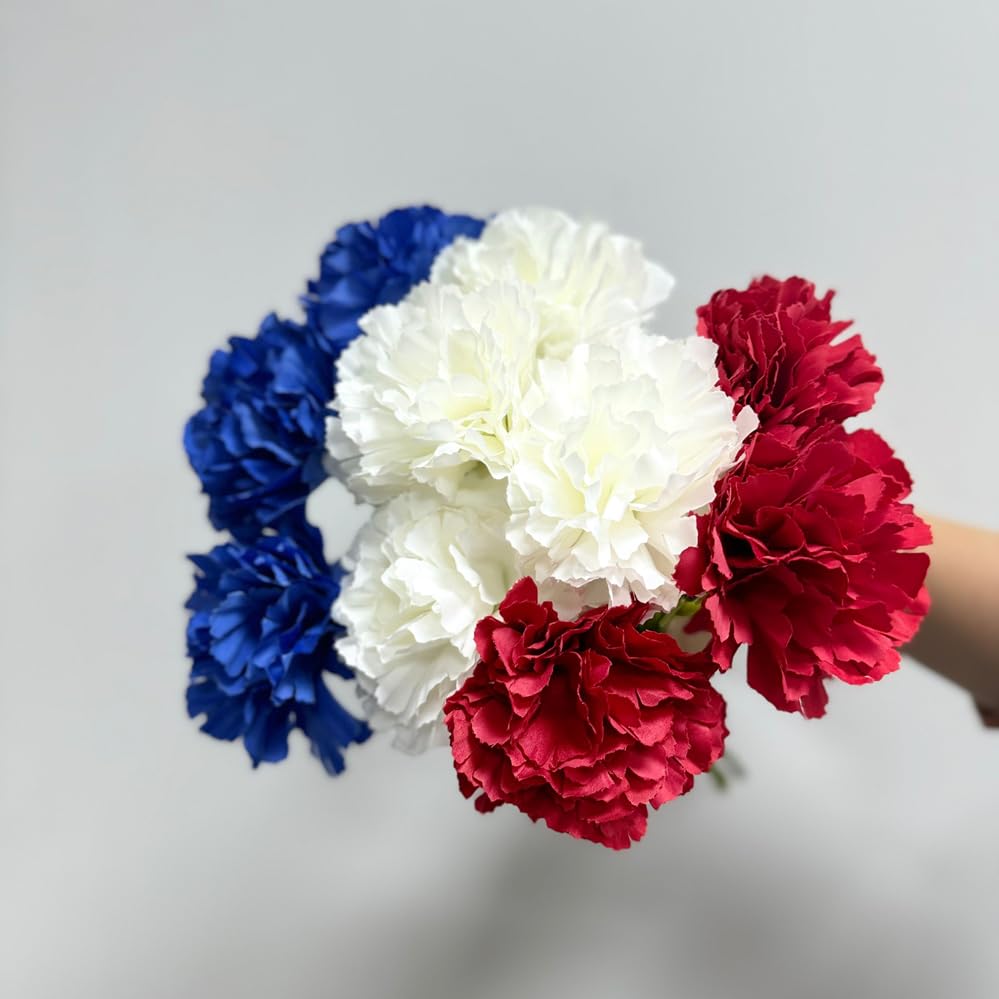 11 Inch Bouquets 10 Stem Carnations,Outdoor UV Resistant No Fade Artificial Flower,Mini Carnation Silk Petals Fake Flowers Forever Plants for Photo Props Home Party and Wedding Decor (Red White Blue) - color: Red White Blue