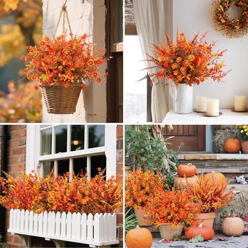 20 Bundles Artificial Fall Flowers for Outdoor Decoration, Fake Mums Faux Plastic Flowers Plants UV Resistant Boston Fern for Planters Window Box Porch Garden Patio Autumn Home Decor - color: Orange Red
