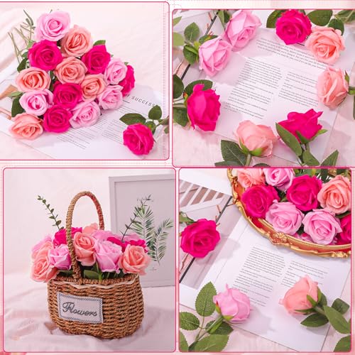 24 Pcs Hot Pink, Light Pink Rose Artificial Flowers with Long Stem Real Touch Silk Roses Bulk for Wedding, Party, Table Centerpieces Bouquet, Bridal, Home Decor - color: Hot Pink, Light Pink, Pink