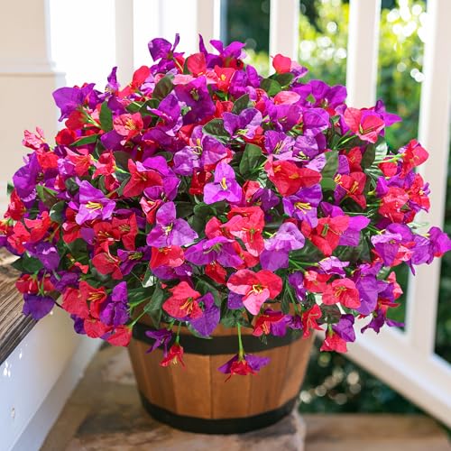 Ivydale Artificial Flowers for Outdoors Fake Bougainvillea Spring Summer Outside Decor, 4 Bundles UV Resistant Faux Flowers for Outdoor Planters Realistic Silk Plants Patio Porch Window Garden Home - color: Purple+hotpink