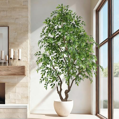 7ft Artificial Ficus Tree Indoor - Tall Faux Banyan Tree with 2294 Leaves & Realistic Trunk, 84" Large Fake Ficus Potted Plant for Home Office Living Room Porch Mall Decor