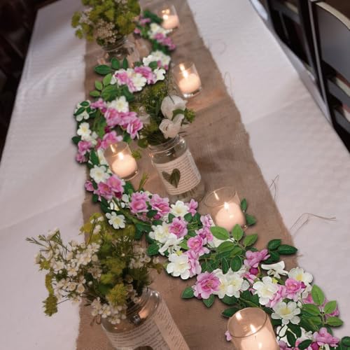2 Pcs Artificial Flowers Garland for Outdoors Faux Gardenia Garland 12Ft Purple and White Silk Rose Hanging Vines Floral for Wedding Arch Party Wall Garden Ceremony Backdrop Fence Spring Decor - color: Purple and White