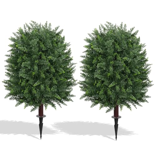 Yangrass Artificial Set of 2 Cedar Topiary Ball Trees 27" for Outdoors with Ground Spike, UV Resistant Faux Cypress Plants, Evergreen Shrubs Bushes for Front Porch Garden Backyard Decor - color: Large Size Cedar