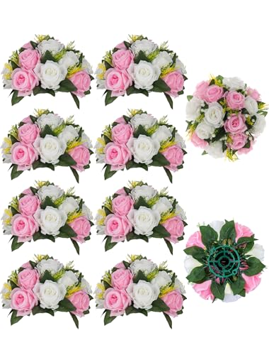 BLOSMON Flower Balls Wedding Centerpieces: 10 Pcs Pink White Fake Roses | 9.5 Inch Artificial Kissing Floral Balls Arrangements - Faux Flower Bouquet with Base for Home Party DIY Decorations - color: Pink & White