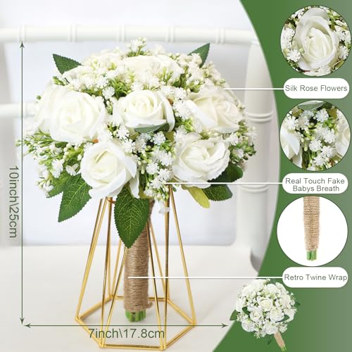 Set of 4 Bridesmaid Bouquet White Wedding Flowers Bouquets - Artificial Rose and Baby's Breath Rustic Small Floral Bouquet for Bridesmaid Fake Sage Green Boho 7 inch Wedding Decor - color: White Rose, size: Set of 4 Bridesmaid Bouquets