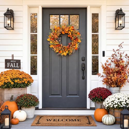 20" Fall Wreath Front Door Pumpkin Artificial Wall Decor Farmhouse Autumn Wreath Thanksgiving Home Porch Outdoor Indoor Holiday Harvest Decor - color: Beige, size: 20''