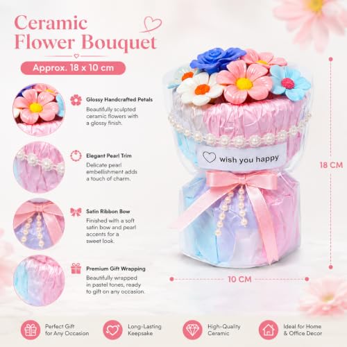 Porcelain Flower Bouquet - Handmade Ceramic Flowers Floral Arrangement, 6 Unique Blossoms, 6 inches Height, Shelf Living Room Decor, Ideal Gift for Mother’s Day, Birthdayr (Colorful-Rose) - color: Colorful-rose