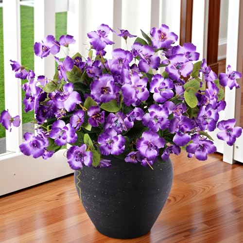 Hoppwodd Hibiscus Artificial Flowers for Outdoors Spring Decoration, 6 Bundles Faux Silk Flowers UV Resistant Look Real Artificial Tropical Flower Fake Plants for Outside Planter Porch Patio - color: Purpleblue