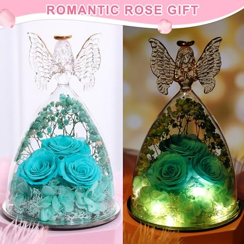 Mothers Day Rose Gifts for Women Preserved Real Flower in Glass Angel Figurines Roses for Delivery Prime Birthday Gifts for Mom Grandma Girlfriend Wife Her - Tify Blue - color: Aqua Blue