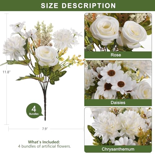 Artificial Fake Flowers for Spring Decoration, 4 Pcs Faux Silk Flower Arrangements Centerpiece for table with Chrysanthemum Rose Daisy Floral Bouquets Office Wedding Patio Porch Indoor Home Decor - color: White