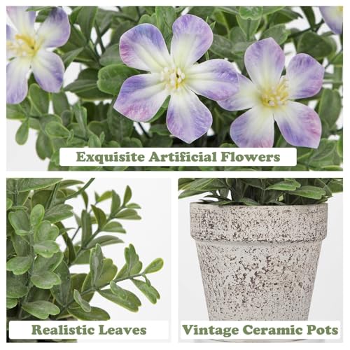 GnFlus Artificial Flower in Rustic Pot Purple Fake Cherry Blossom with Leaves Potted Plant Farmhouse Spring Decor for Home Living Room Shelf Decor Enterway Table Decoration 2 Pack - color: Purple