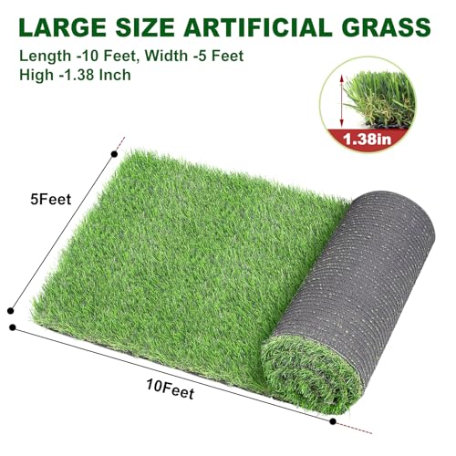 Artificial Grass Turf 5 Feet X 10 Feet, 1.38" Height Perfect Fake Grass Rug with Drainage Holes, Indoor/Outdoor Artificial Turf Mat for Garden Lawn Balcony Pet Landscape Decoration - size: 5 Feet X 10 Feet