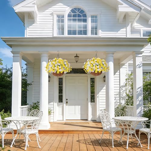 INSPRING Artificial Hanging Flowers for Outdoors Baskets Fake Plants Outdoor Decoration, UV Resistant Faux Morning Glory in Planter Look Real Silk Flowers for Outside Patio Porch Balcony Garden - color: Yellow White