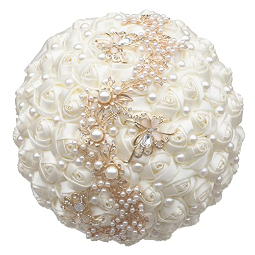 Sharebeauty 7.1 Inch Handmade Satin Rose Bridal Bouquet Toss Round Wedding Bouquet Throw Toss Artificial Flower Bunch Ivory - color: W322g12 Ivory, size: 7.1 inches / 18 cm
