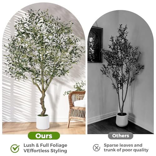 Jocoevol Olive Trees Artificial Indoor, 6FT Tall Faux Olive Tree with White Tall Planter, Artificial Plants with Natural Wood Trunk and Lifelike Fruits for Home Office Decor, 1 Pack - size: 6ft