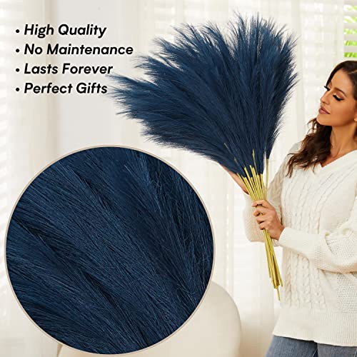 Blue Pampas Grass, 9 PCS 37''/3.1FT Tall Fluffy Fake Pompas Floral, Large Faux Pompous Grass Branches for Floor Vase Fillers, Boho Farmhouse Room Wedding Decor (Blue) - color: Blue
