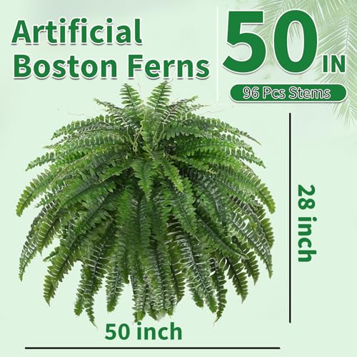 50" Artificial Ferns for Outdoors with 96 Fronds & Ground Spike, Realistic Faux Ferns, Artificial Boston Ferns Artificial Plants Large Faux Plants for Porch Garden Home Office Decor - size: 1 Pack