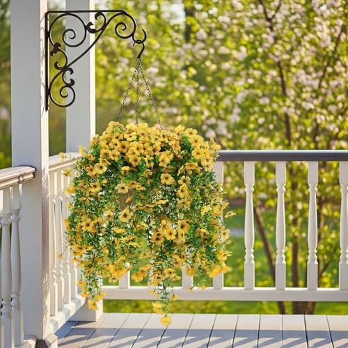 Suncalla 4 Pcs 30In Artificial Hanging Flowers for Outdoor Planter 156 Branches Trailing Faux Potted Plant Fake Floral UV & Fading Resistant for Wedding Patio Spring Summer Decor(Yellow) - color: Yellow