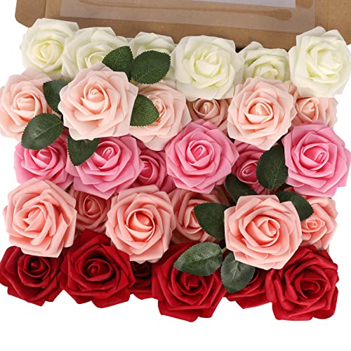 MACTING 30PCS Artificial Flower Roses Real Touch Fake Spring Flowers with Stem Foam Roses for DIY Wedding Bouquet Floral Arrangements Table Centerpieces Party Home Valentines Day Decor (Mix Color 3) - color: Mix Color 3, size: 30PCS