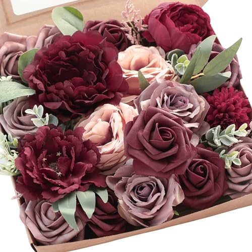 Floroom Burgundy Mauve Artificial Flowers Marsala Fake Roses Peonies and Greenery Combo Box Set for DIY Dark Red Wedding Bouquets Bridal Shower Centerpieces Floral Arrangements Party Tables Decoration - color: Enchanted Burgundy