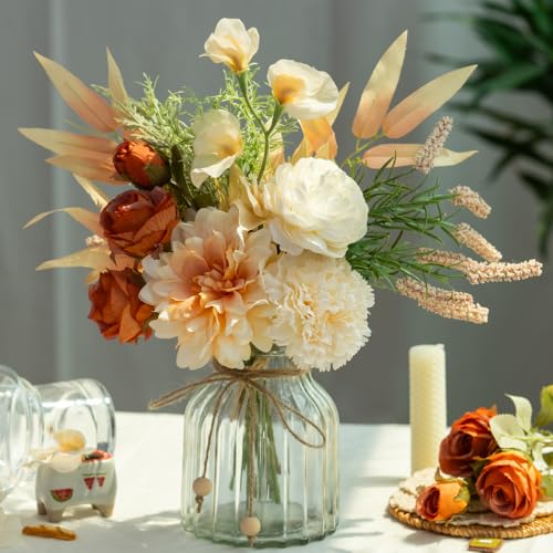 LESING Dahlia Flower Aritificial Flower with Vase Fake Silk Flowers in Glass Vase Faux Rose Flowers Arrangement for Home Office Table Centerpiece Decoration (Champagne) - color: Champagne