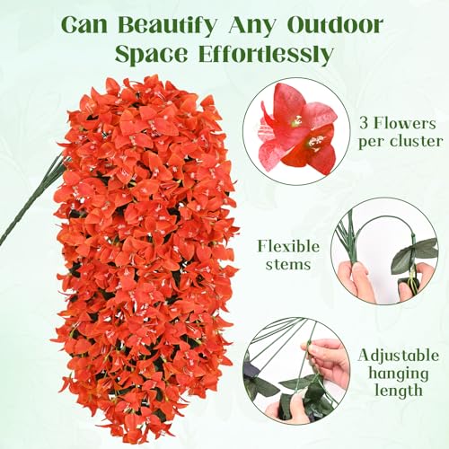8 Pcs Artificial Flowers for Outdoors Decoration, Realistic Faux Silk Bougainvillea Flowers, Fake Hanging Plants for Porch Patio Balcony Decoration (Orange) - color: Orange, size: 8 Pcs