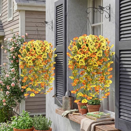 Artificial Hanging Flowers for Outdoors, 4 PCS 29.5in UV Resistant Faux Outdoor Hanging Plants Pansy Flowers Fake Cascading Floral Vines for Porch Patio Balcony Pergola, Yellow & Orange - color: Yellow&orange