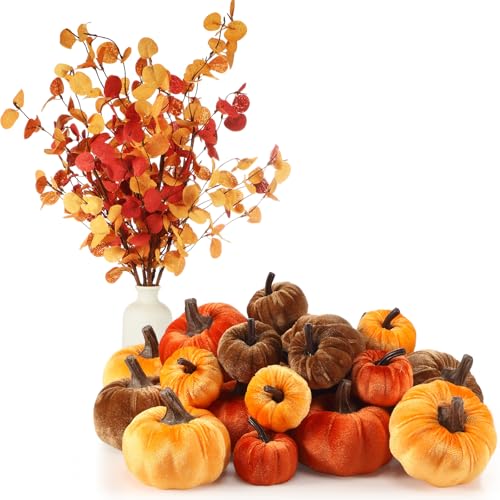Conelist 24 Pcs Fall Mini Velvet Pumpkin 6 Pcs Autumn Artificial Eucalyptus Stem with Eucalyptus Leaves Artificial Small Pumpkin for Farmhouse Harvest Thanksgiving Party Home Decoration