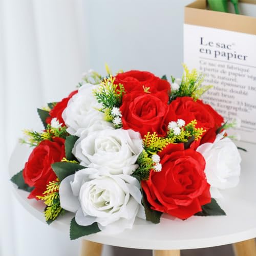 10Pcs Artificial Flower Ball Arrangement, Fake Floral Centerpieces Wedding Roses Bouquet for Parties Valentine's Day Wedding Centerpieces and Home Decor (Red & White) - color: Red & White