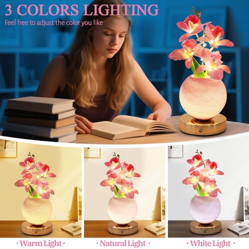 Flower Table Lamp, 3 Colors Orchid Night Light, Cordless Touch Dimming Artificial Flower with Vase Lamp, LED Bedside Night Light Romantic Gifts for Girl Women Mom (Pink Orchid) - color: Pink Orchid