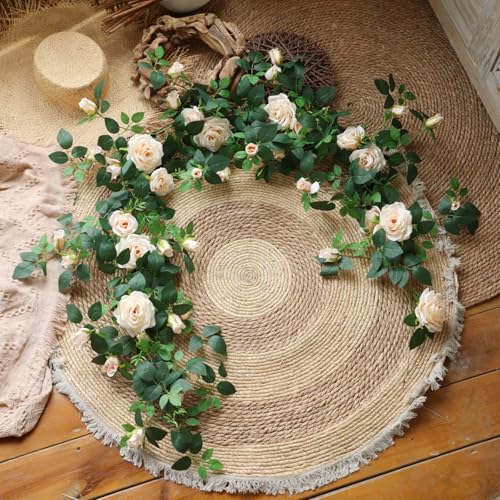 5.9FT Bendable Rose Flower Garlands, Artificial Silk Wild Roses Vine Hanging Flowers for Wall Fireplace Fence Table centerpieces Trellis Wedding Indoor Outdoor Spring Decor (Champagne, 2) - color: Champagne, size: 2