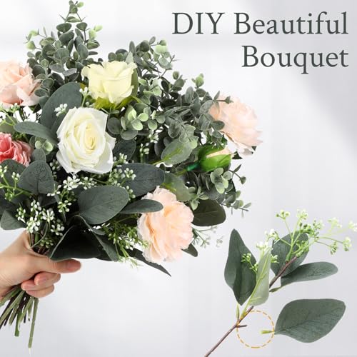 Janinka Mixed Eucalyptus Leaves Stems Bulk with White Seeds Artificial Silver Dollar Leaves Sprays Faux Oval for Wreath Garland Floral Bouquets Arrangement Wedding Greenery Decoration (40)