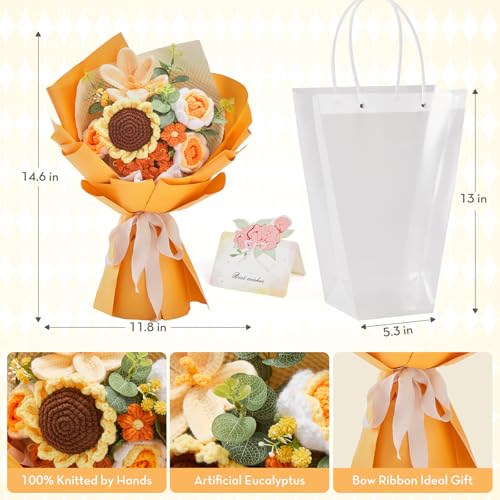 Alecono Crochet Flower Bouquet, Orange Knitted Flowers, Crochet Sunflower Flower for Lover Valentines Day Anniversary Birthday Party Mother's Day Graduation Gifts (Include Card) - color: Orange, size: Large