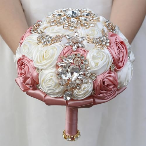 7.5in Handmade Wedding Bouquet with Luxury Gold Rhinestone Brooch Satin Rose Flower Bridal Bouquet for Bride Bridesmaid Quinceanera Wedding Bouquet Ivory and Blush Pink - color: Ivory & Blush Pink, size: Medium (DIA. 7.5"/19cm)