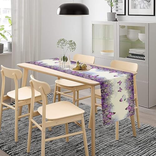 Butterfly Table Runner,Spring Seasonal Garden Theme Purple Floral Table Runner for Holiday Kitchen Living Room Home Party Decor 13x36 Inch - color: Butterfly-11, size: 13x36in