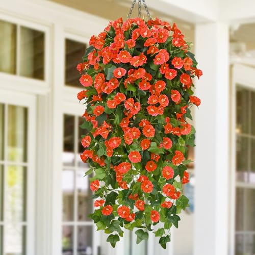 Waipfaru Artificial Fall Hanging Flowers Plants Baskets for Outdoors, Fake Mums, Fall Porch Outdoor Decor, Faux Mums Artificial Flowers with Hanging Baskets for Urn Fillers