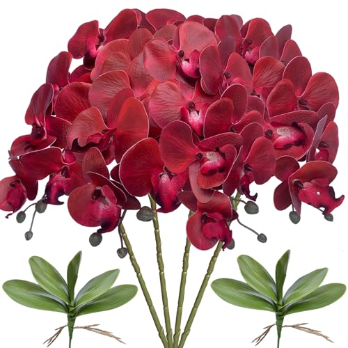 FagusHome 32" Artificial Phalaenopsis Flowers 4 Pcs with 2 Bundles Leaves Artificial Orchid Flowers Stem Plants Fake Butterfly Phalaenopsis Flowers for Home Wedding Party Décor (Red) - color: Red