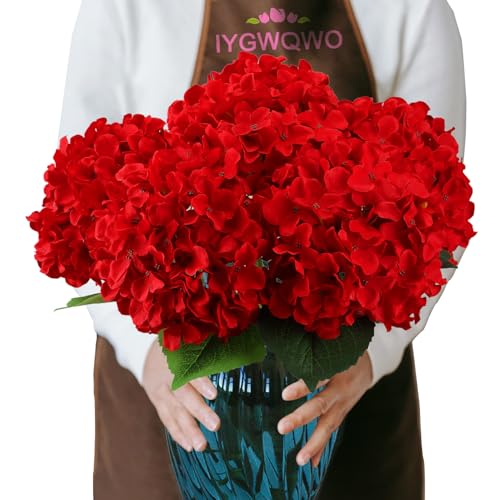 6PCS Large Silk Hydrangea Flowers, 20 in Full Faux Hydrangea Artificial Flowers with Stems Leaves for Fake Bouquets Home Valentines Day Xmas Party Christmas Centerpieces Arrangements (Red) - color: Red