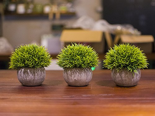Opps Mini Artificial Plants Plastic Fake Green Grass Topiary Shrubs with Gray Pot for Home Décor – Set of 3 - color: Green