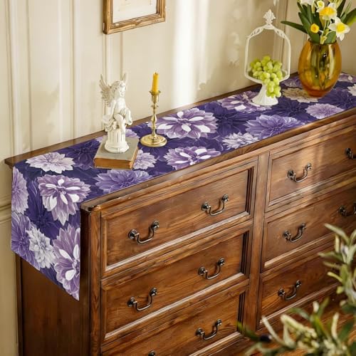 Purple Dahlia Flower Summer Table Runner Purple Gray Burlap Table Runners, Spring Floral Seasonal Coffee Table Center Decor for Home Kitchen Dining Party Indoor Outdoor 13x108 Inch - color: Purple, size: 13" x 108", Table Runner