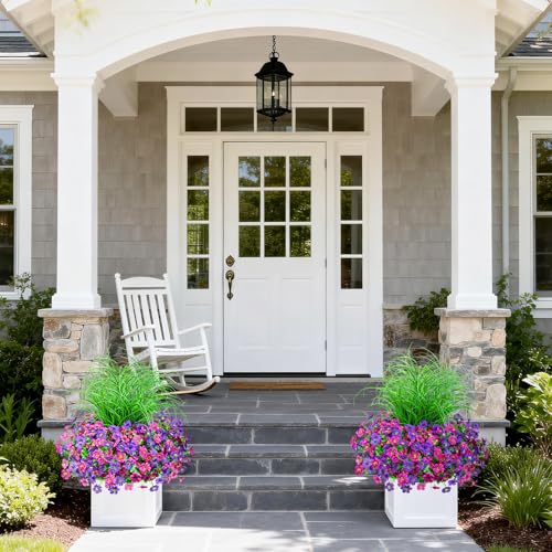 Artificial Flowers for Outdoors UV Resistant, 14 Bundles Fake Plants Realistic Silk Flowers with Faux Ferns for Outside Planters Home Porch Patio Garden Back Yard Spring Summer Decoration - color: Double Purple