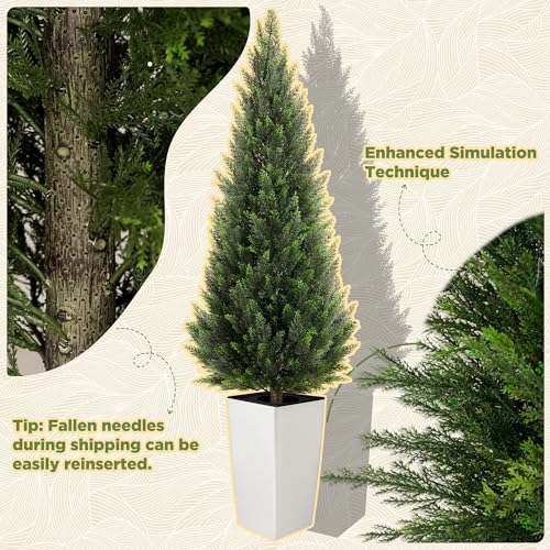 6FT Tall Artificial Cedar Topiary Tree with Compact Pyramidal Shape, Realistic Faux Cypress in Square White Pot with Fillable Water Bag, Outdoor Evergreen for Front Porch Garden Home Decor - color: White-pyramid Topiary, size: 6ft-1pack