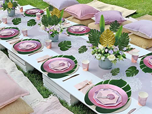 RECUTMS Artificial Tropical Palm Leaves 72Pcs 7 Kinds Green Gold Fake Monstera Leaf with Stem for Safari Jungle Hawaiian Luau Beach Baby Shower Wedding Birthday Party Table Summer Spring Decoration - color: Green & Gold