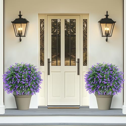 Grooy Artificial Boxwood Topiary Ball with Lavender, Set of 2 Artificial Shrub Bushes with Ground Spike, UV Resistant Fake Evergreen Plant Tree for Porch Outdoor Planters Indoor - color: Lavender Ball