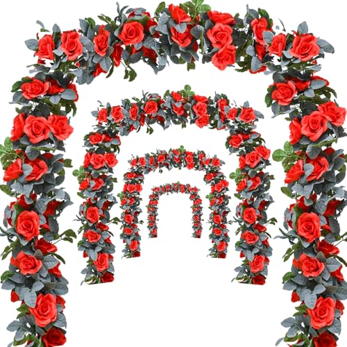 Flower Garland Rose Vine 4Pcs 28FT Artificial Floral Garland with Green Leaves Hanging Rose Vine for Wedding Party Garden Home Wall Decor (Red) - color: Red