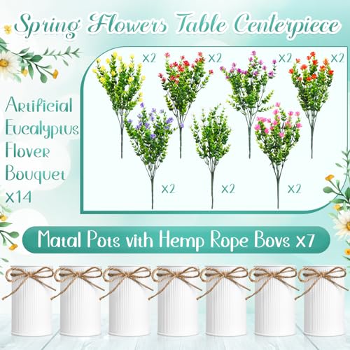 Riceshoot 7 Potted Artificial Small Wildflower Eucalyptus Table Centerpiece Decoration with Metal White Pots 17'' Tall Colorful Summer Flower Spring Fake Floral Mixed Blooms Vase Home Wedding Decor