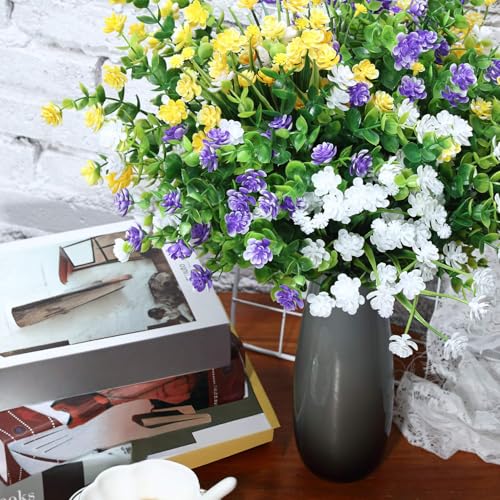 WILLBOND 12 Bundles Artificial Flowers Outdoor, UV Resistant Faux Artificial Plants Shrubs Plastic Flower Bulk for Hanging Planter Porch Window Home Spring Summer Decor(Yellow, Purple, White) - color: Yellow, Purple, White