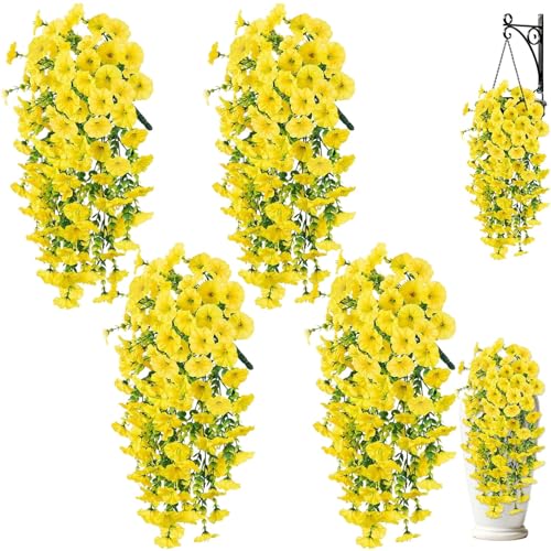 Artificial Hanging Flowers for Outdoors, 4Pcs UV Resistant Artificial Hanging Morning Glory Flowers, Spring Realistic Faux Outdoor Flower for Porch Patio Yard Garden Farmhouse Decor (Yellow) - color: Yellow